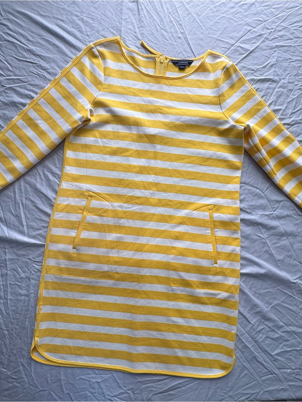 Lands' End Yellow & White Striped Boat Neck Nautical Zipper 3/4 Sleeve Dress 14
